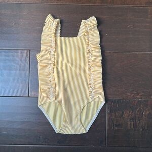 Petit Bateau Yellow White Striped Ruffle Bathing Suit 12mo